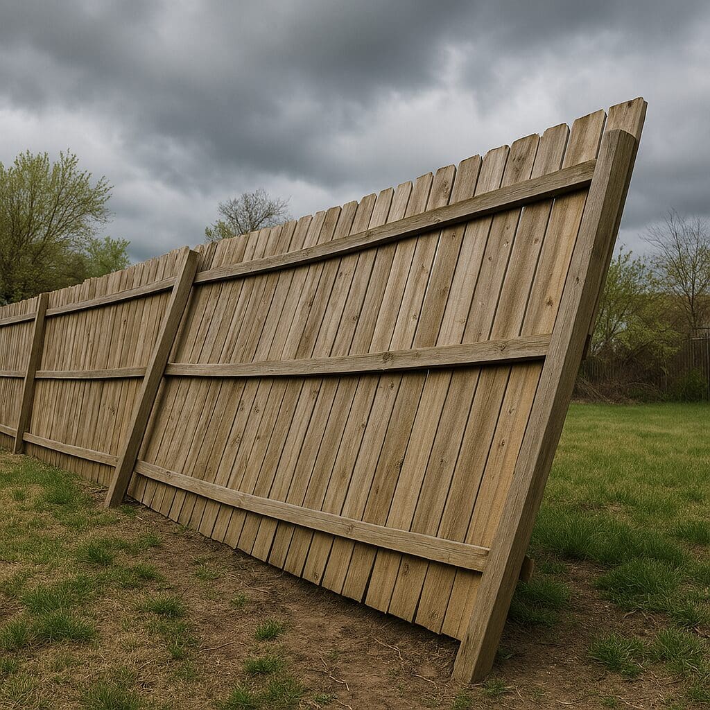 a leaning wood fence caused by wind damage