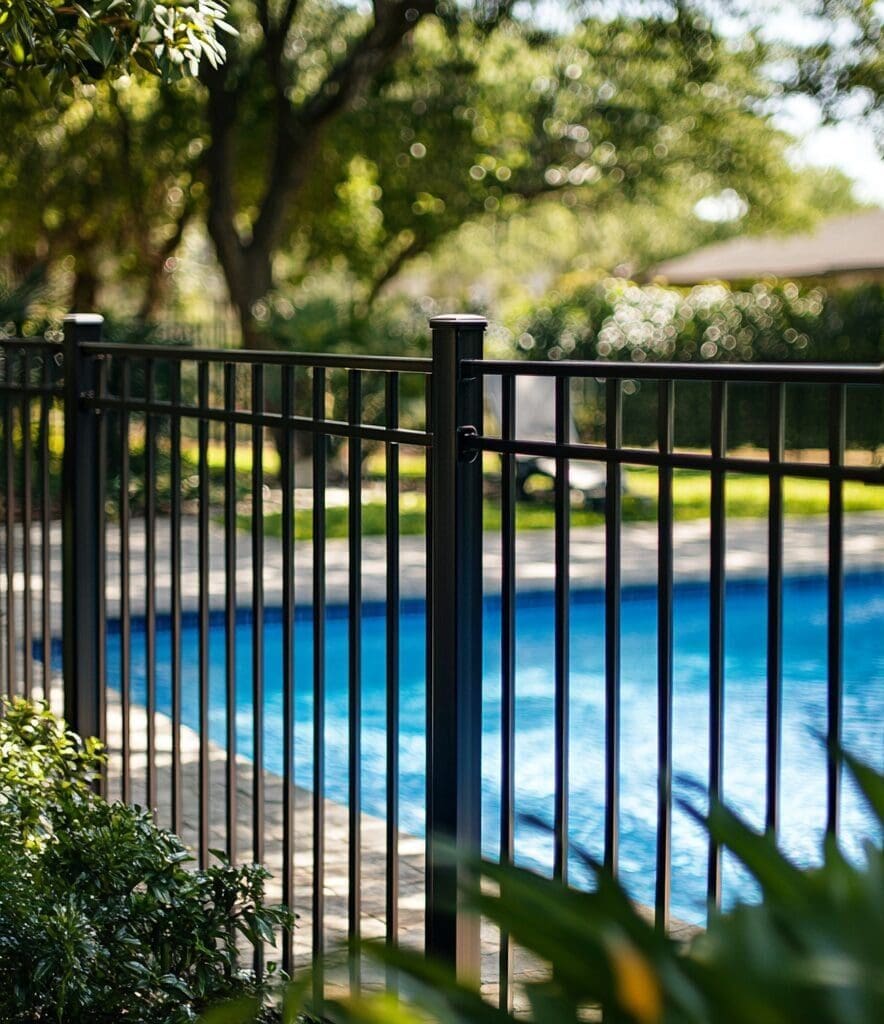 an aluminum fence around a pool