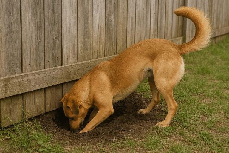 A Dog digging a hole under a fence