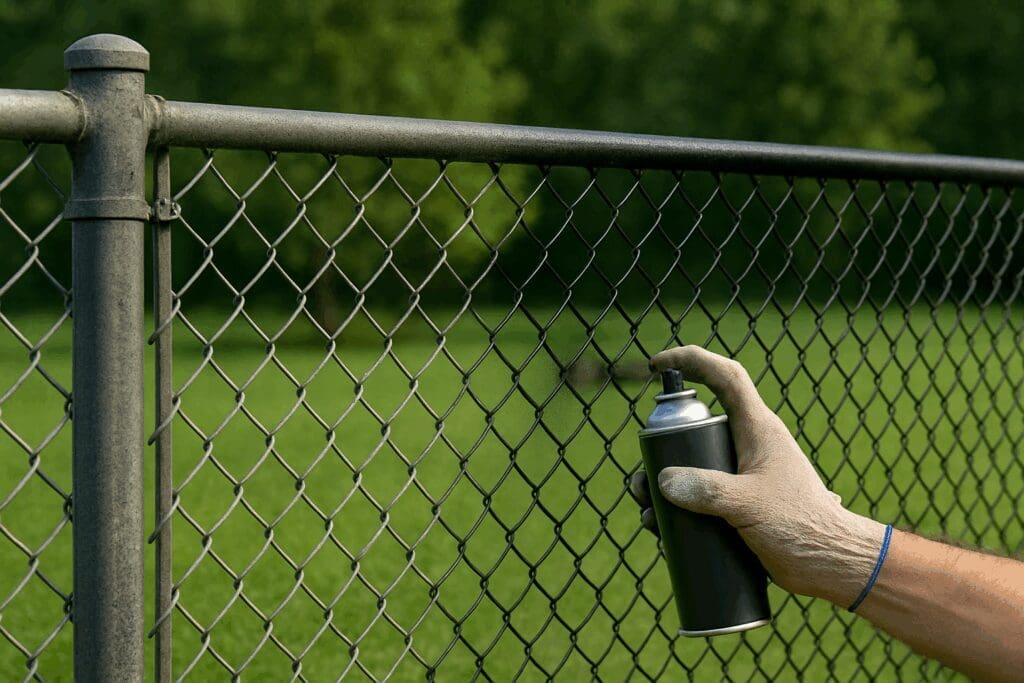 A photo of a man painting a chain link fence