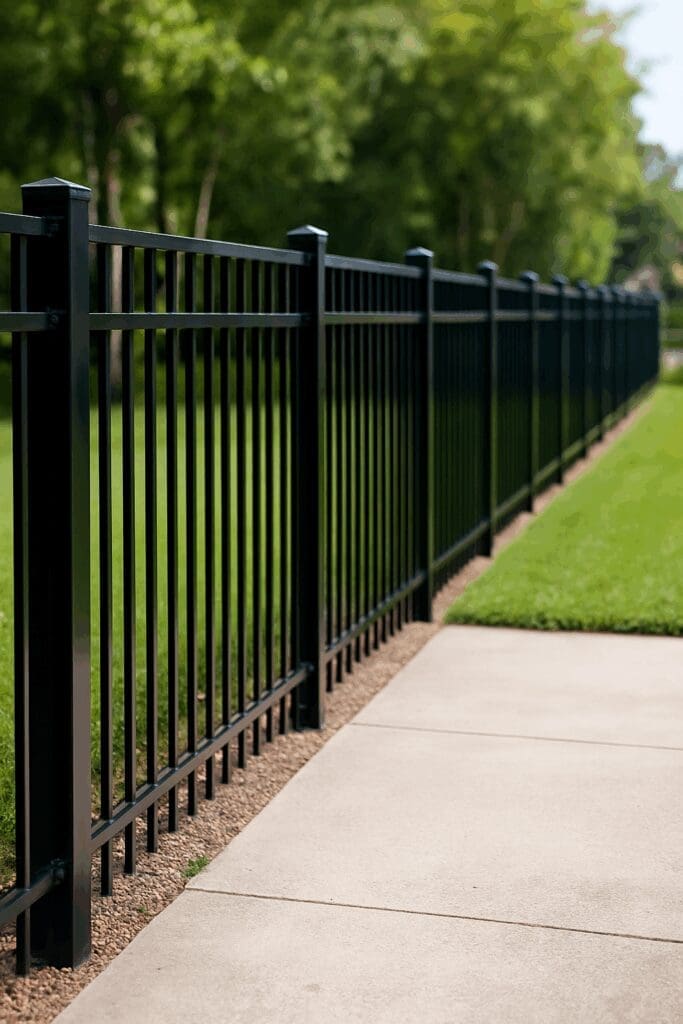 A freshly cleaned black aluminum fence