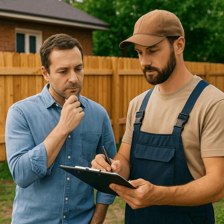 A fencing contractor shows a clipboard to a homeowner in a backyard with a newly installed wooden fence in the background.