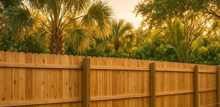 Wood fence installation in progress with posts set along a string line, tools and a wheelbarrow on the grass, and palm trees in the background at sunset.
