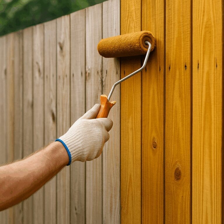 Close-up of a gloved hand using a paint roller to apply golden-yellow stain to a wooden fence.