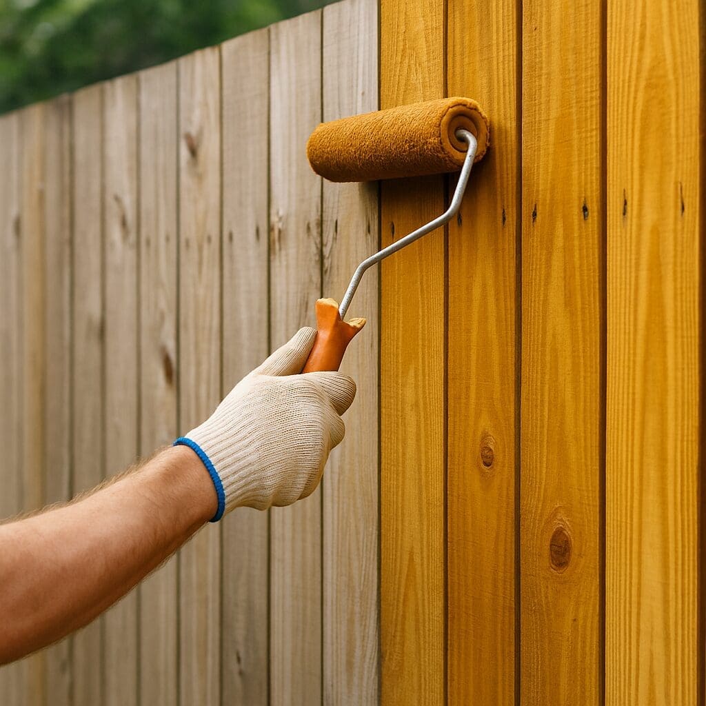 Close-up of a gloved hand using a paint roller to apply golden-yellow stain to a wooden fence.