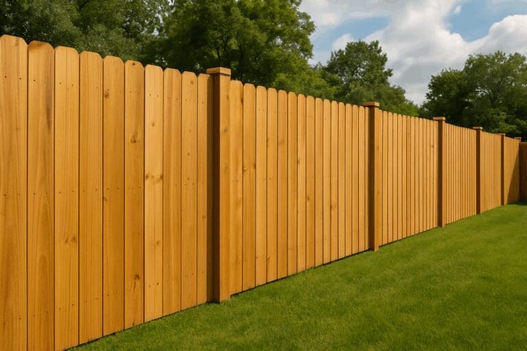 Wooden privacy fence made of light brown vertical planks, set on a green lawn with trees and blue sky in the background.