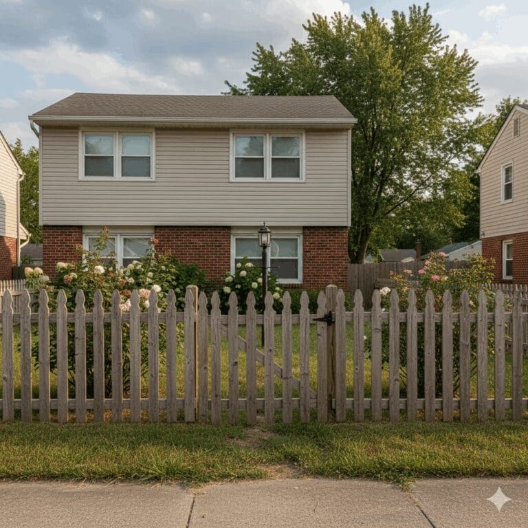 A suburban home with a slightly worn wooden picket fence in the foreground.