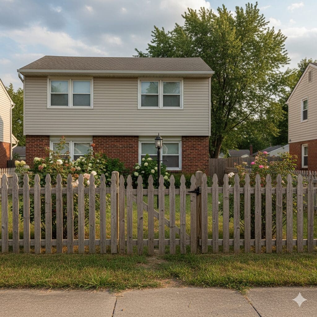 A suburban home with a slightly worn wooden picket fence in the foreground.