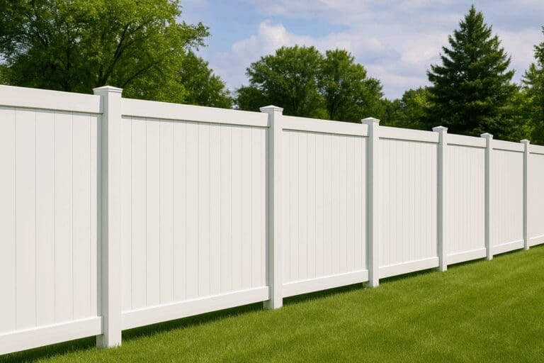 Vinyl privacy fence in a Tampa backyard with white panels and tall posts.