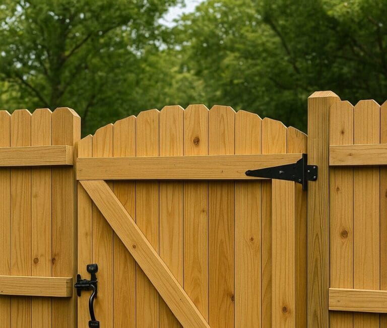 Wooden fence gate with diagonal Z-brace and black metal hardware set in a light brown privacy fence, surrounded by green grass and trees in a sunny Tampa backyard.