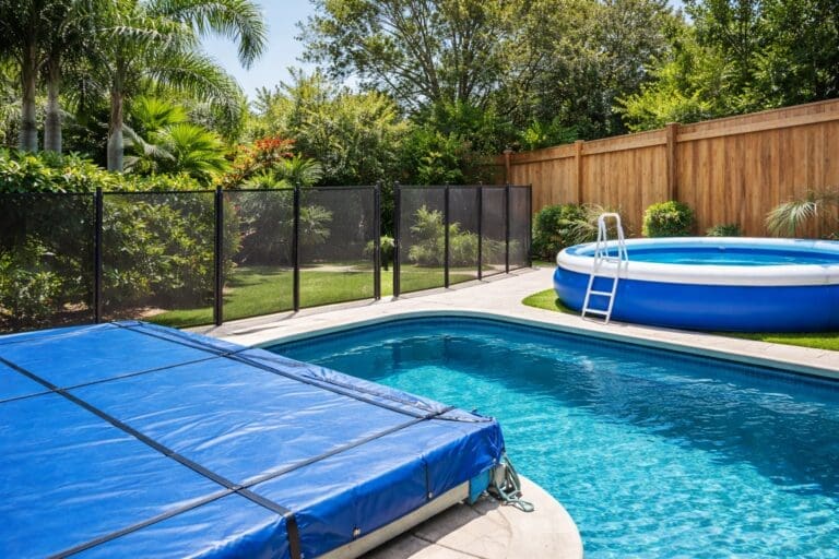 Pool safety options in a Tampa backyard showing a covered in-ground pool, a black mesh pool fence with gate, and an above-ground inflatable pool.