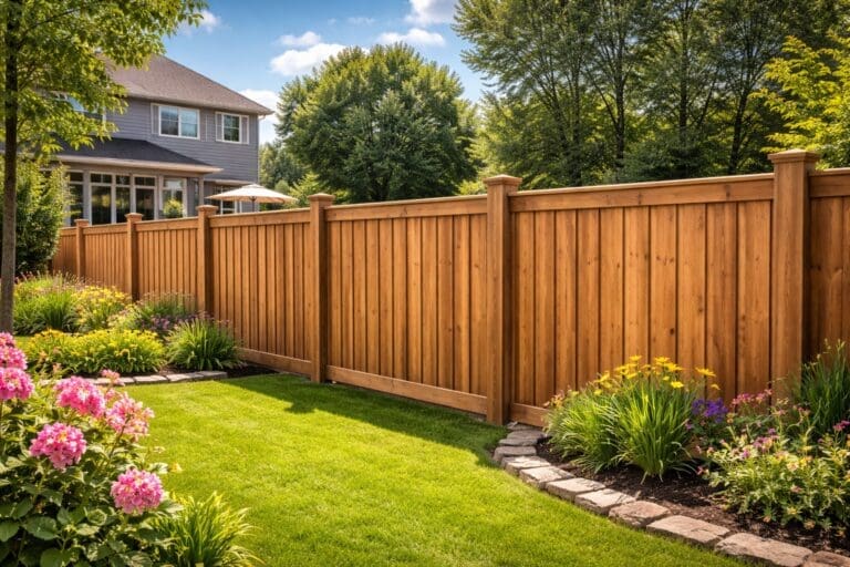 tall wood privacy fence enclosing a backyard with grass and flower beds