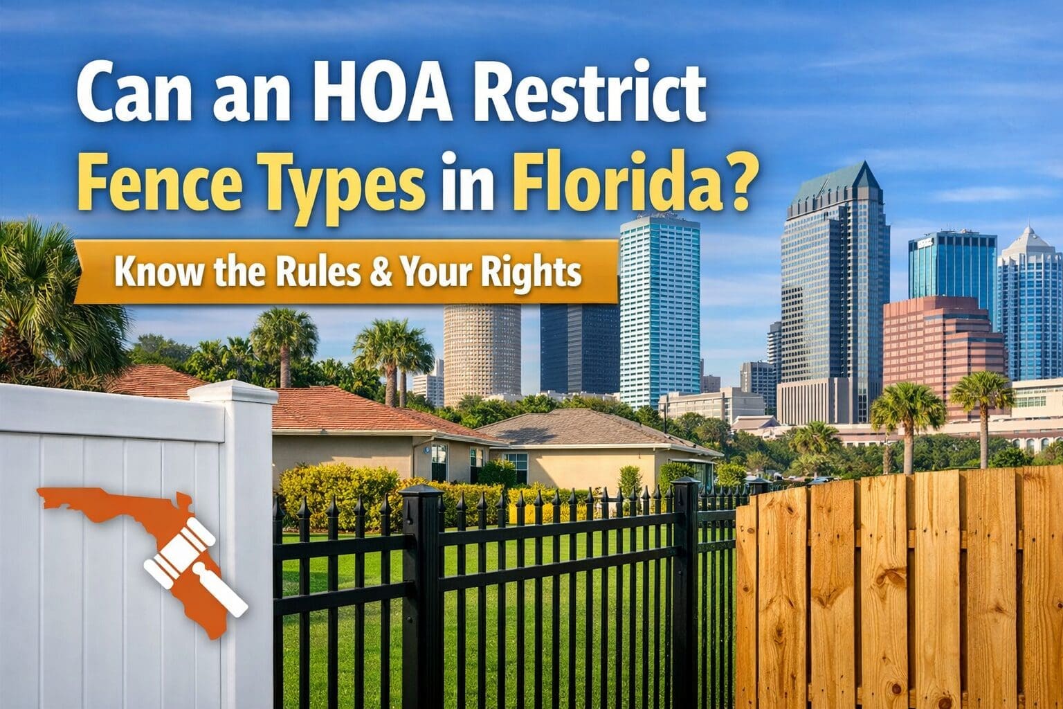 HOA fence restrictions in Florida showing vinyl, aluminum, and wood fence types in a Tampa neighborhood